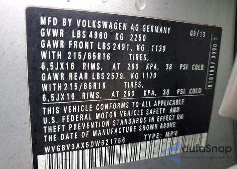 2013 Volkswagen Tiguan S из США, поврежденный, VIN WVGBV3AX5DW621756